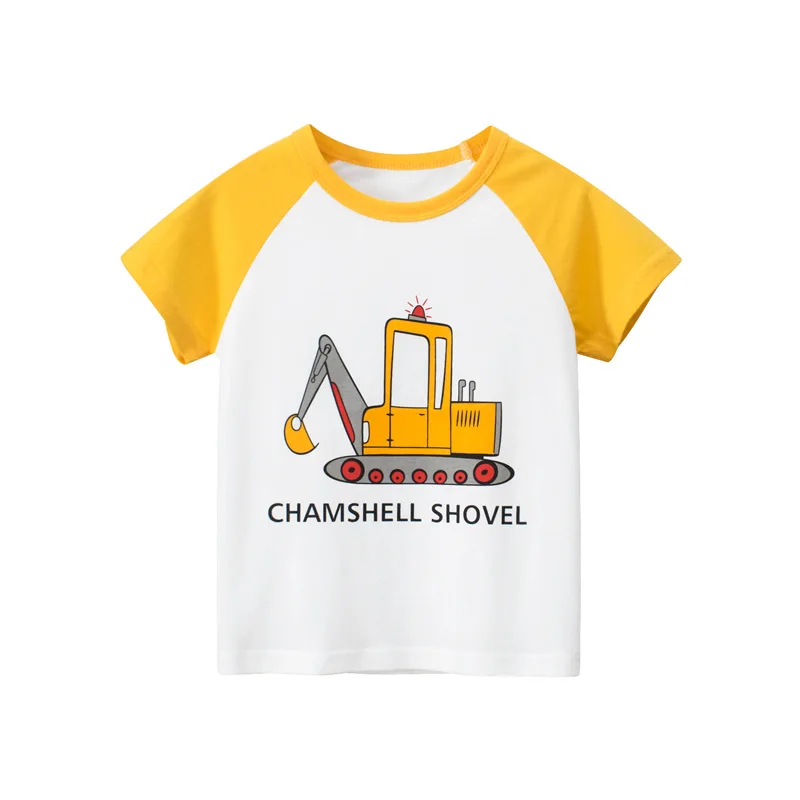 2023 Summer New Children's Short-Sleeved T-shirt Cartoon Car Boys Clothes Excavator Cotton Top Kids Outfit