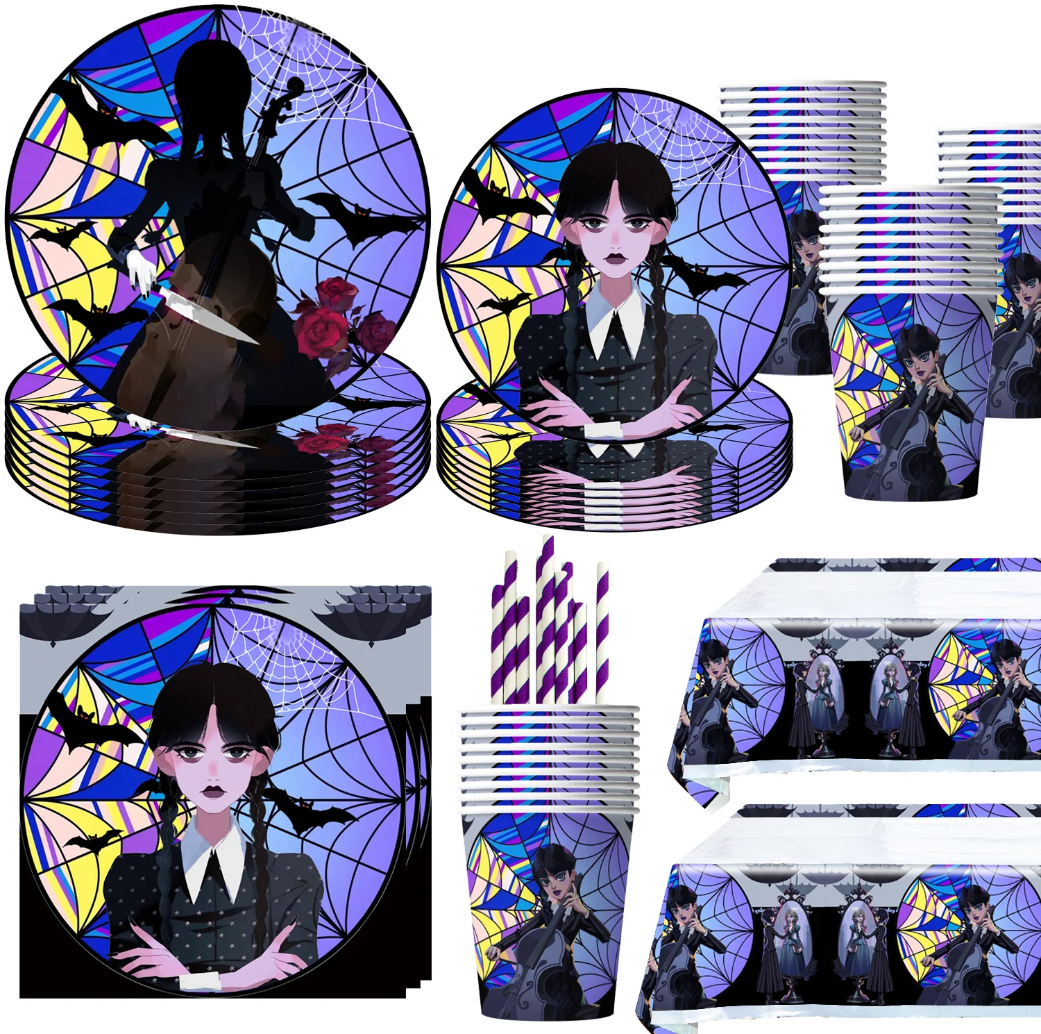 

Cartoon Wednesday Addams Birthday Party Decoration Disposable Tableware Addams Party Baby Shower Supplies Customize Background