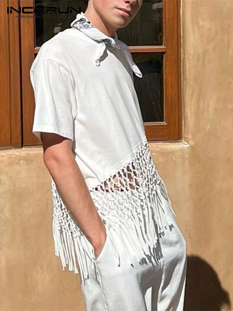 

INCERUN Casual Simple Style Tops Men Tassel Short-sleeved T-shirts Solid Comfortable Male Irregular Slanted Camiseta S-5XL 2022