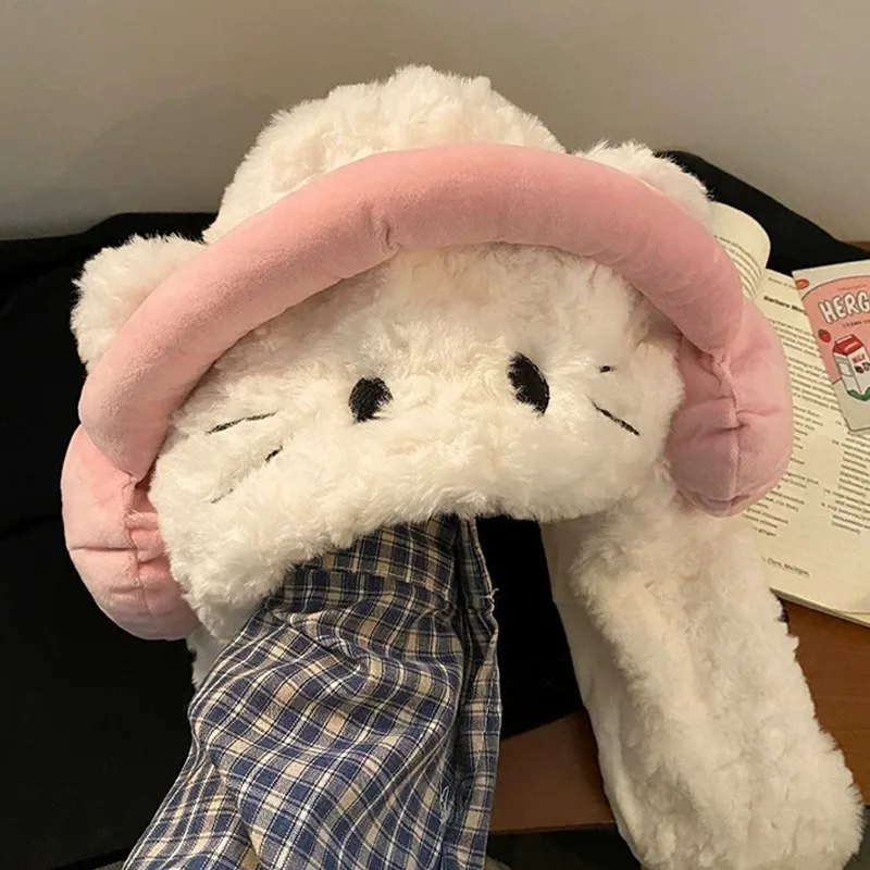 Корейские шапки с кошачьими наушниками зимние женские теплые шарфом и ушками для