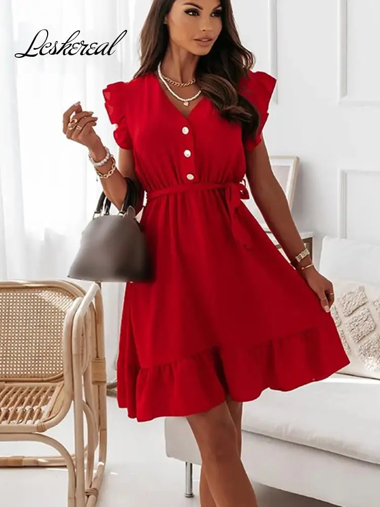 

Женское платье с коротким рукавом, V-образным вырезом и оборками