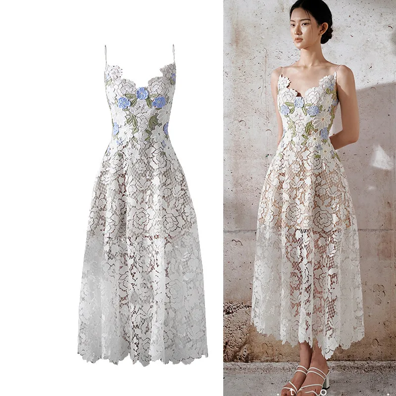 

Summer Designer Runway Flower Embroidery Lace Party Dinner Dresses Slim Hollow Out A Line Vestidos Elbise Robes Princess