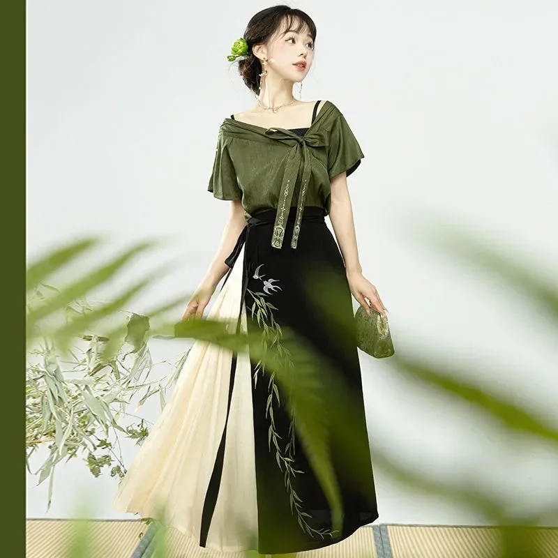 Улучшенные китайские традиционные платья ханьфу с принтом бамбуковых листьев