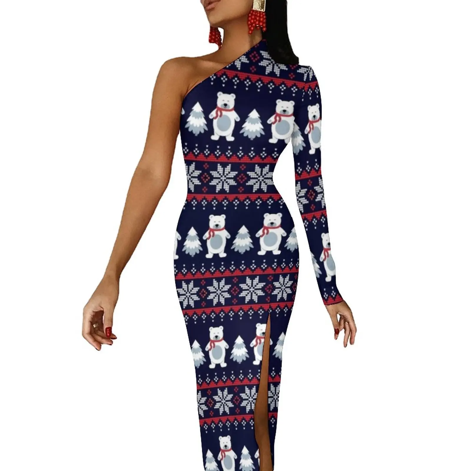 

Рождественское зимнее длинное платье с медведем, мультяшное Очаровательное платье-макси в эстетике животных, милые облегающие платья, одежда с Боковым Разрезом и принтом