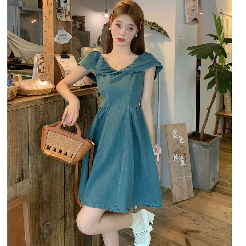

2023 Summer New Women's Dress French Ruffle Edge Off Shoulder Denim Style Slim Waist Free Shipping