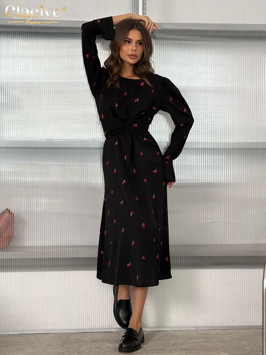 

Clacive Fashion Loose Print Women'S Dress 2024 Elegant O-Neck Long Sleeve Midi Dresses Vintage Classc Lace-Up Female Dress