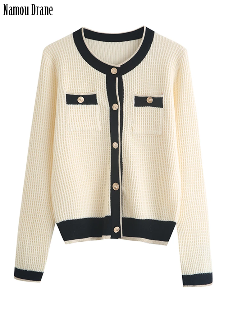 

Autumn 2022 New Waffle Senior Sense Single Breasted Round Neck Cardigan Women's Spring and Autumn Color Bump Knit Top