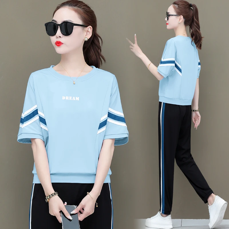 

Sports Plus Size Suit Women Summer 2022 New Fashion Loose Thin Short Sleeved Casual Two Piece Sets Solid Color