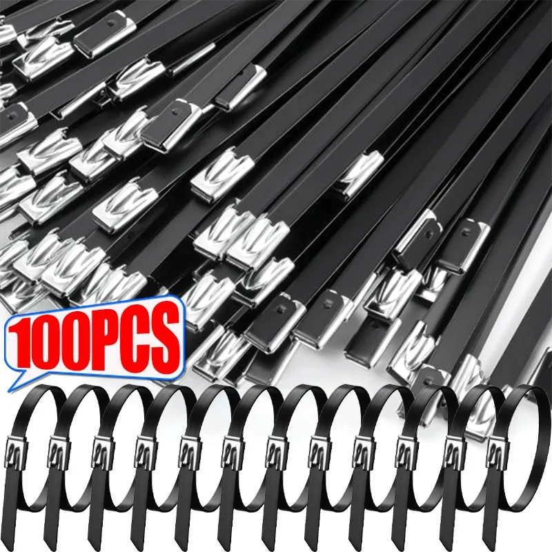 

100/10 шт. металлические кабельные стяжки из нержавеющей стали с черным покрытием, самоблокирующиеся кабельные стяжки, сверхмощные выхлопные обертки на молнии, органайзер для крепления