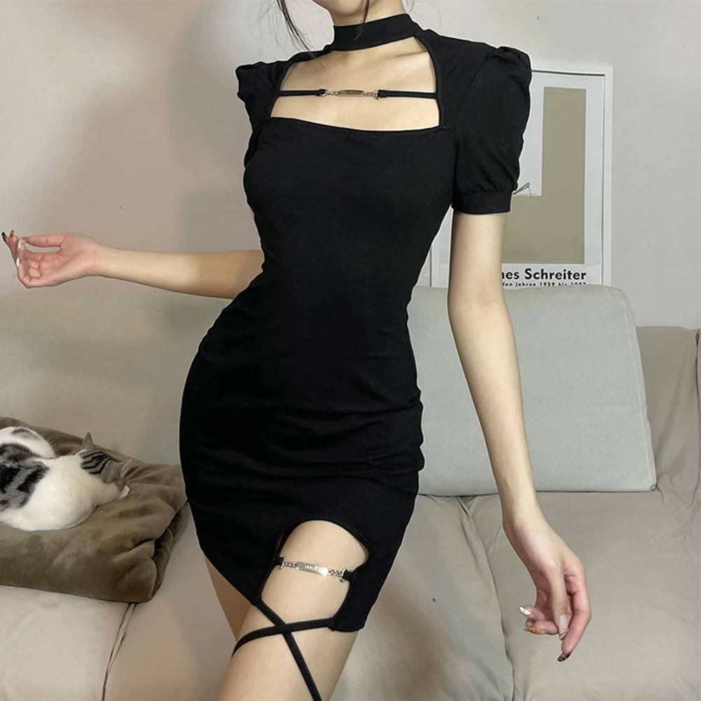 

Women Solid Short Dress Slim Elegant Sexy Square Neck Tethered Strap Decorative Dress Exposed Back For Party Clubwear 2023 New