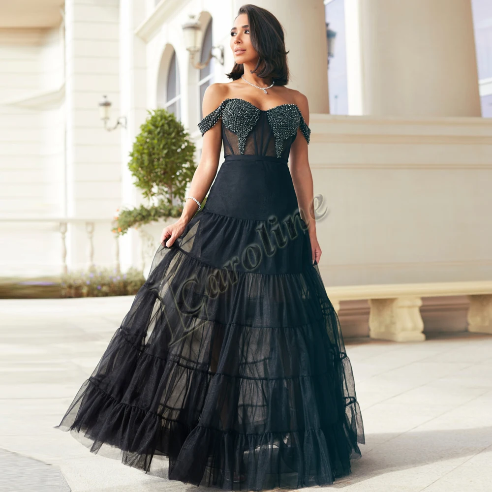 

Caroline Casual Tulle Off The Shoulder Beading Evening Party Dressing A-line Illusion Prom Gowns Make To Order Robes De Soirée