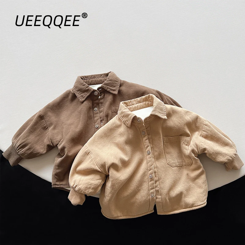 

Новинка Осень-зима 2023, Детские рубашки с теплым флисовым карманом, повседневные топы с длинным рукавом для мальчиков, Детская верхняя одежда, одежда для маленьких детей