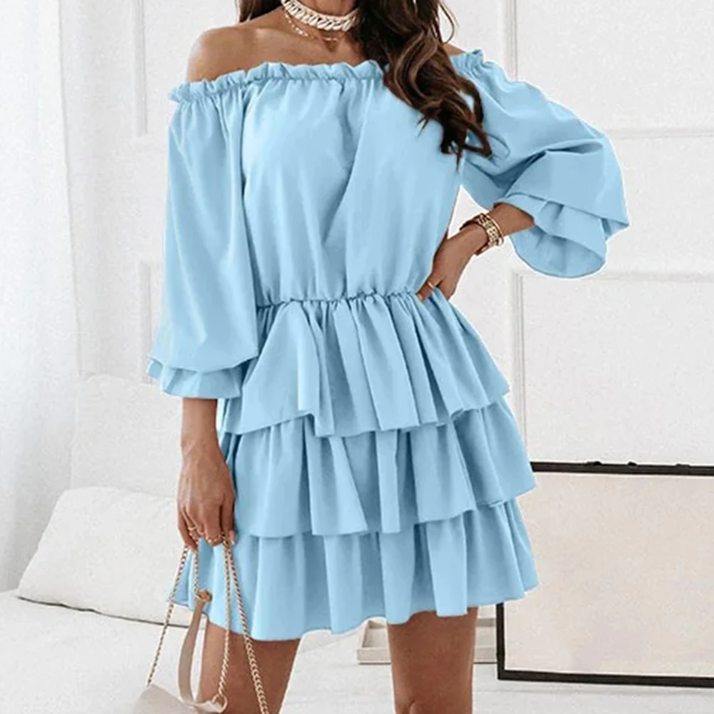 

Dress 2022 Summer One-word Neck Ruffled Beach Style Loose Print Dress Casual All-match Suit