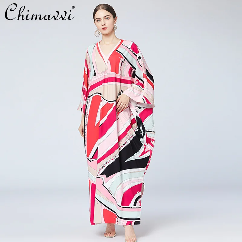 

Holiday Dress 2021 Spring/Autumn Sexy V-neck Batwing Sleeve Painted Print Dress Loose Oversize Robe Temperament Pullover Dress