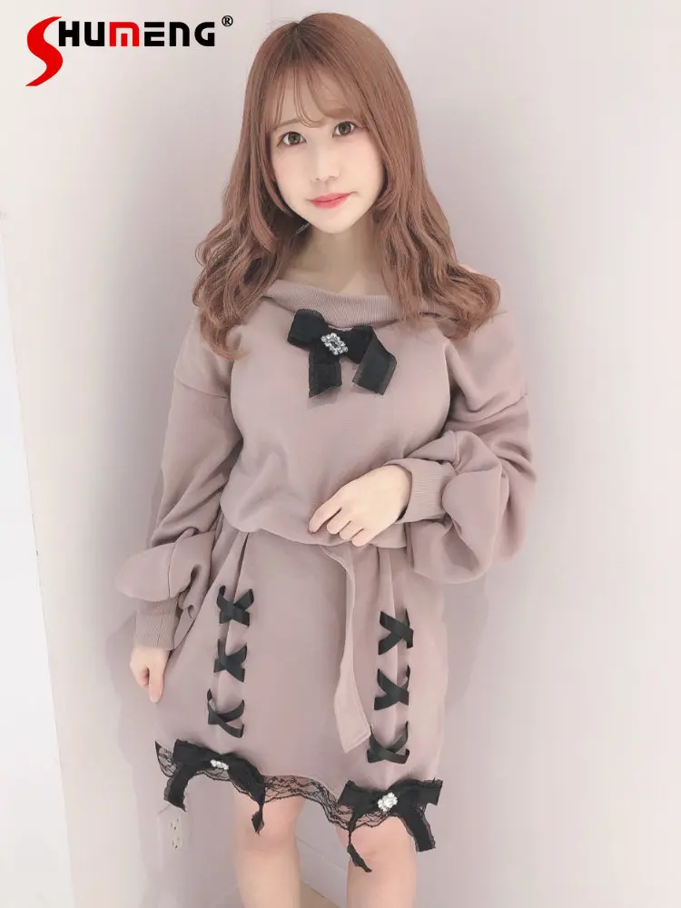 Japanese Style Sweet Lady Rhinestone Bow Off-Shoulder Dress Autumn and Winter New Lolita Long Sleeve Fleece-Lined Belt Dresses