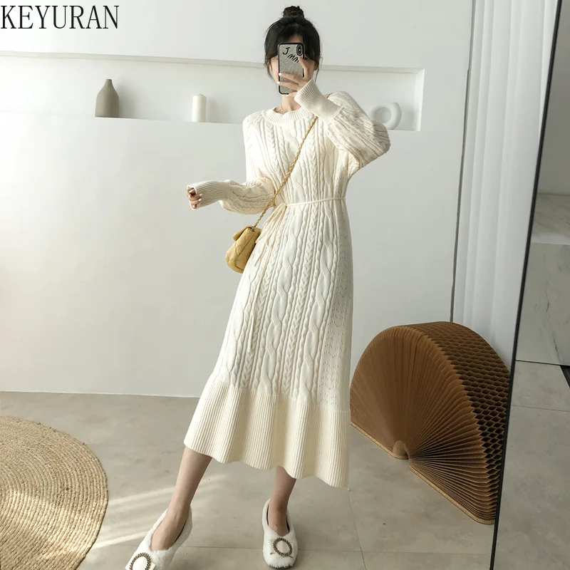 

2021 Fall Winter Knitted Dresses Women Elegant Mid-length Twist Sweater Female Dress Vintage Style Traf Fashion Clothing Woman