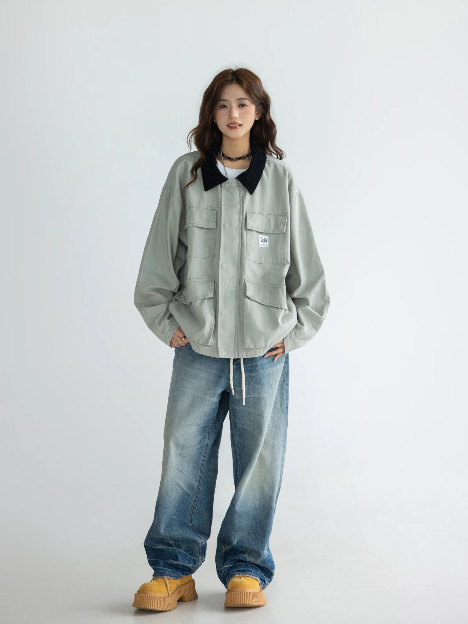 Женская винтажная куртка-карго с отложным воротником