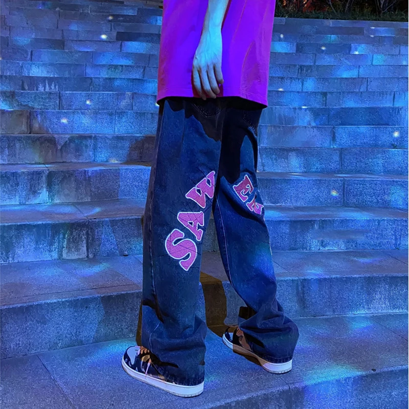 

High Street Print Black Jeans Men's Y2K Straight-leg Pants Loose Wide-leg Jeans Hip-hop Style Men's Trousers