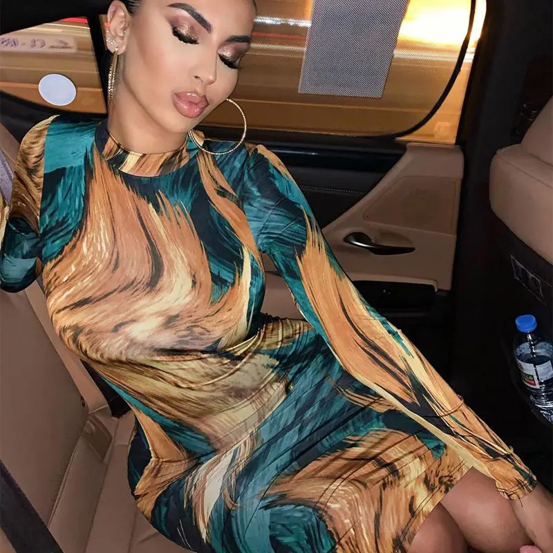 

Europe and America Cross Border Hot Sale2021Autumn New Printed Sexy Sheath Long Sleeve Dress Amazon One Piece Dropshipping
