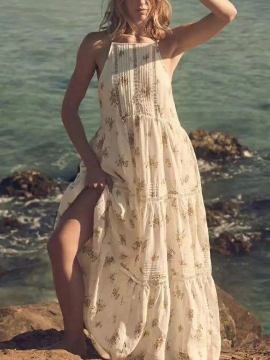 

Women Floral Print Hollow Out Spliced Strapless Beach Style Linen Maxi Dress