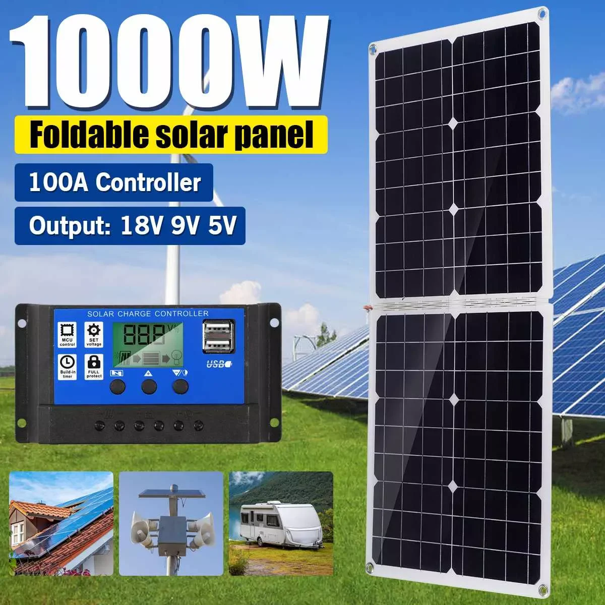 

NEW2023 1000W 18V 9V 5V Foldable Solar Panel Solar Cell 100A Controller for Phone Caravan RV Car MP3 Charger Battery Supply 34.5