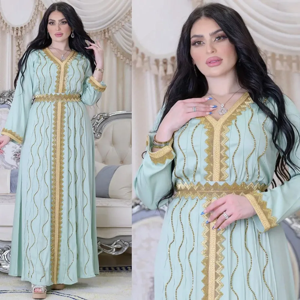 

Wepbel Dubai Muslim Abaya Dress Rhinestone Waist Dress Muslim Islamic Clothing Caftan Robe Festival Robe Dress Ramadan Abaya