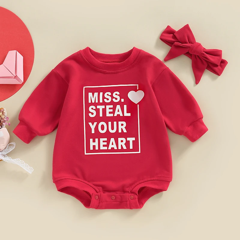 

2022-11-22 Lioraitiin 0-24M Infant Baby Girl Valentine's Day Bodysuit Long Sleeve Crew Neck Letters Print Jumpsuit with Hairband