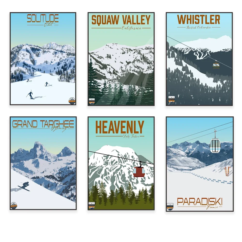 Whitewater BC Mont Tremblant Lone Utah Idaho Squaw Valley CA France Mammoth Mountain ski resort travel poster