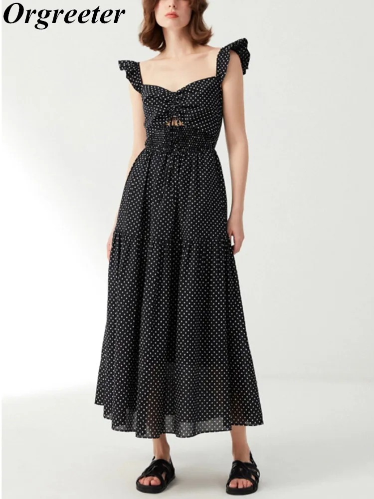 

Женское длинное платье в горошек, повседневное облегающее платье-трапеция с эластичным поясом, праздничное платье