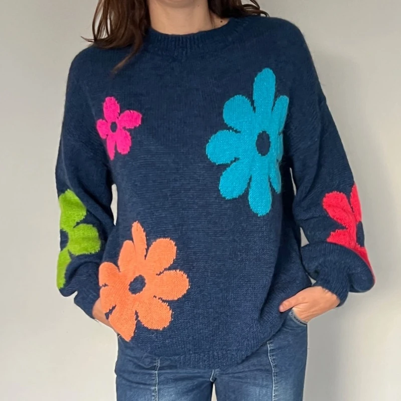 Женский вязаный свитер свободного покроя с длинным рукавом и круглым вырезом