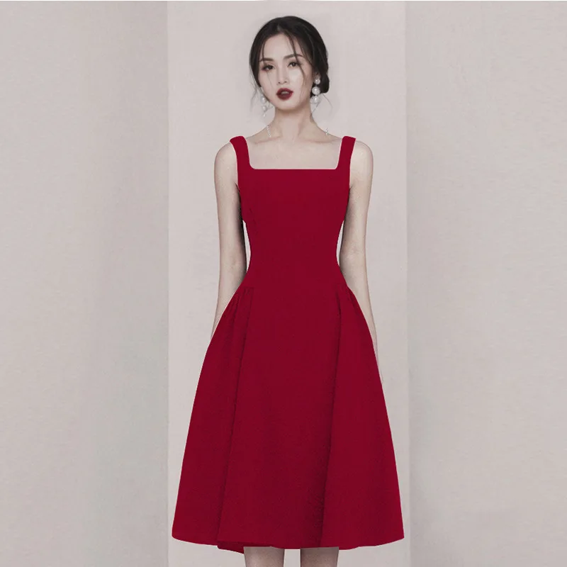2022 Summer Girl's Slim Square Neck Red Skirt High Waist Mid Length Dress