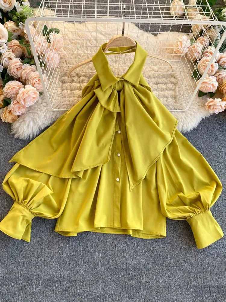 Блузка женская демисезонная с лямкой на шее и бантом