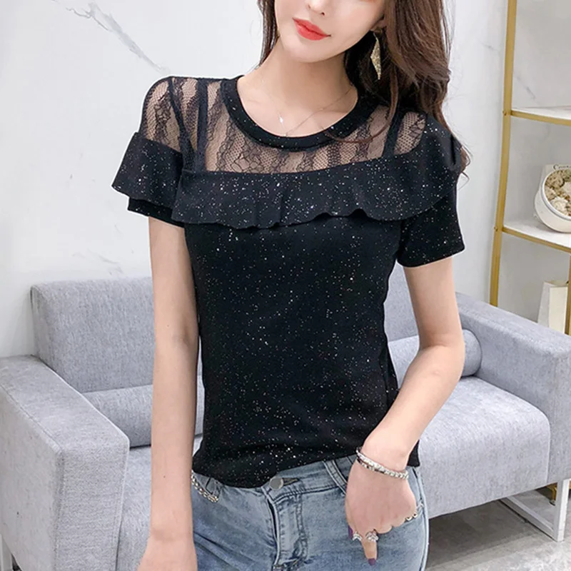 

#7349 Summer Black Red Green White Spliced Lace O Neck Short Sleeve T Shirt Hollow Out Sexy Slim Women's T-shirt Cotton Ruffles