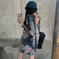 tie dye backless loose mid length top t shirt womens 2022 summer new style personality fashion street party short sleeved women