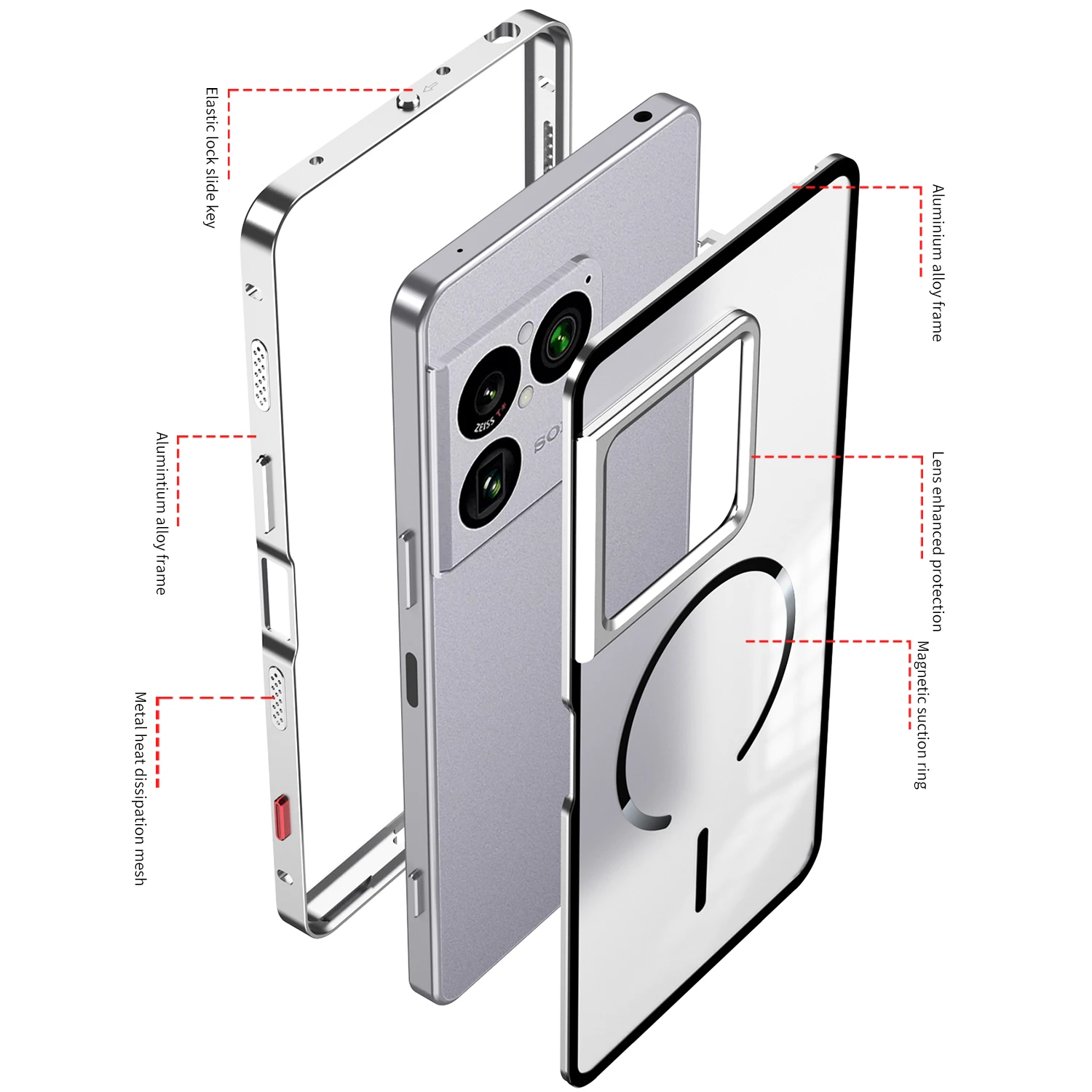 Фото Чехол из алюминиевого сплава для Sony Xperia 1 VIII с пружинной застежкой, разборка и сборка одним нажатием, независимые кнопки, жесткий металлический корпус №1