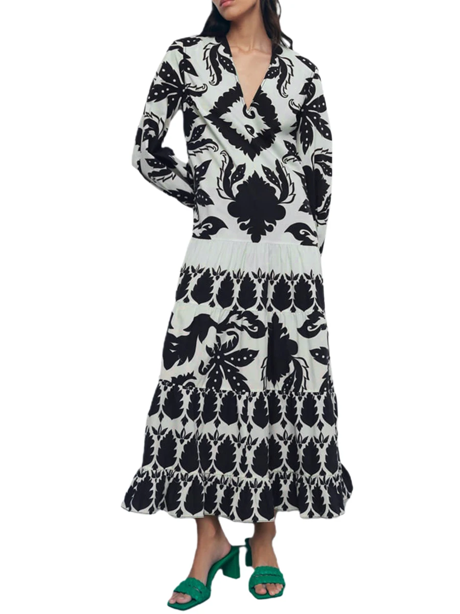 

Women s Summer Long A-Line Dress Vintage Print Long Sleeve Deep V Neck Ankle Length Dress with Belt