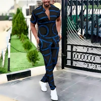 2022 fashion spring summer mens casual two piece sets short sleeve tops and long pants suit pattern print outfit men streetwear