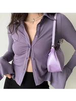 houzhou sexy bodycon blouse women elegant long sleeve shirt high street solid purple top polo neck fashion casual female shirt