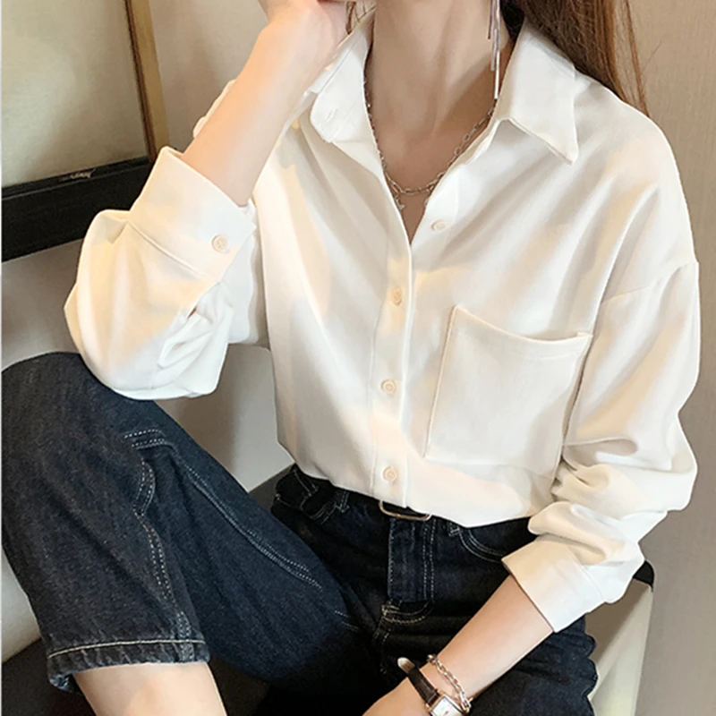 

Autumn Women Vintage Solid Loose Long Sleeve Pockets Tops Casual Fashion Single Breasted Ladies Shirt Blusas Mujer Female