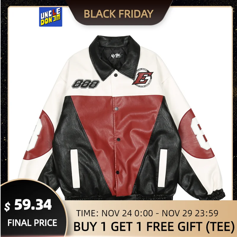 

8 digital motorcycle leather jacket men Korean trendy loose color block coats hip hop biker jacket men winter jacket men