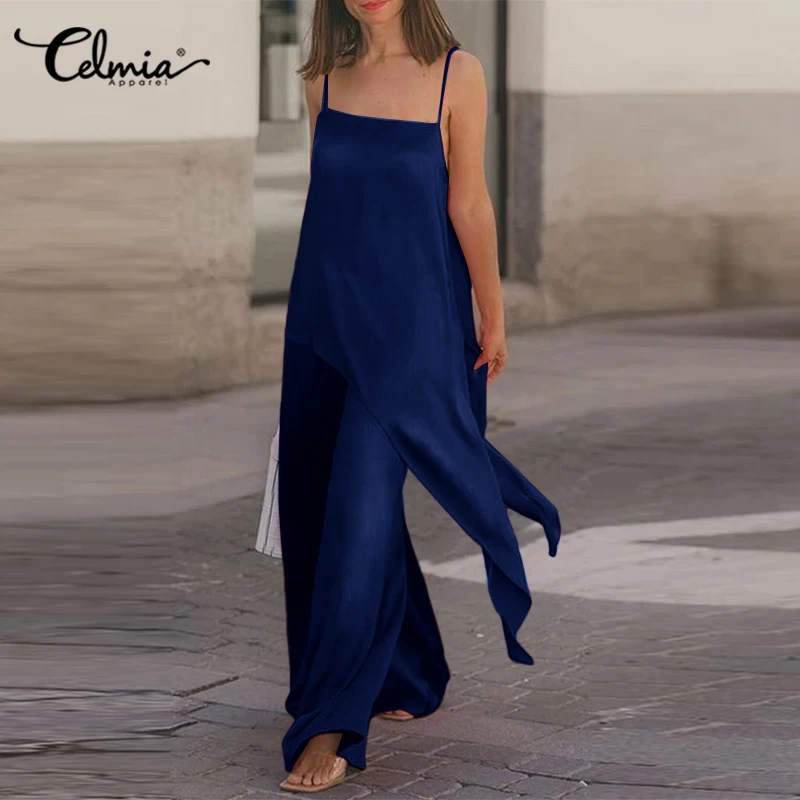 

Celmia Women Wide Leg Pants Suits2022 Summer Sleeveless Asymmetrical Sling Top and Satin Pant Sets Fashion Streetwear 2pcs Sets