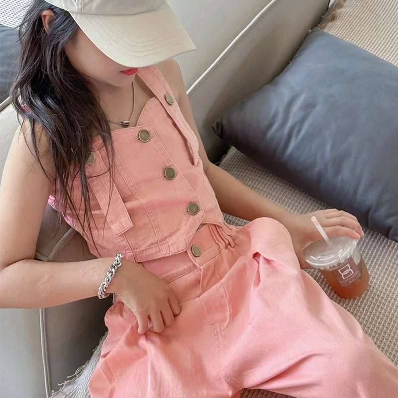 Детский джинсовый костюм жилет на подтяжках и прямые брюки возраст от 6 до 16 лет