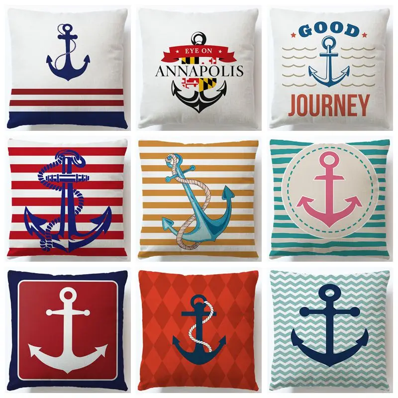 

Наволочка из хлопка и льна с ярким принтом, наволочка с якорем, морской корабль, декоративная подушка, наволочка