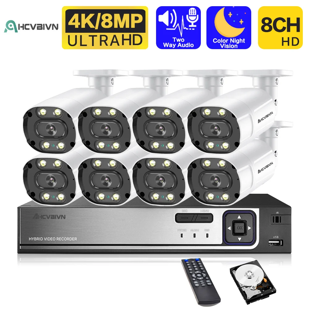 

Two Way Audio Security System Kit POE 4K NVR Kit Outdoor Color Night Vision IP Video Surveillance camera System Set 8MP XMEYE