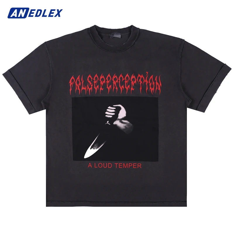 

Футболка мужская оверсайз с принтом «ножи убийца», Повседневный хлопковый топ в стиле Харадзюку, рваная майка в стиле хип-хоп, уличная одежд...