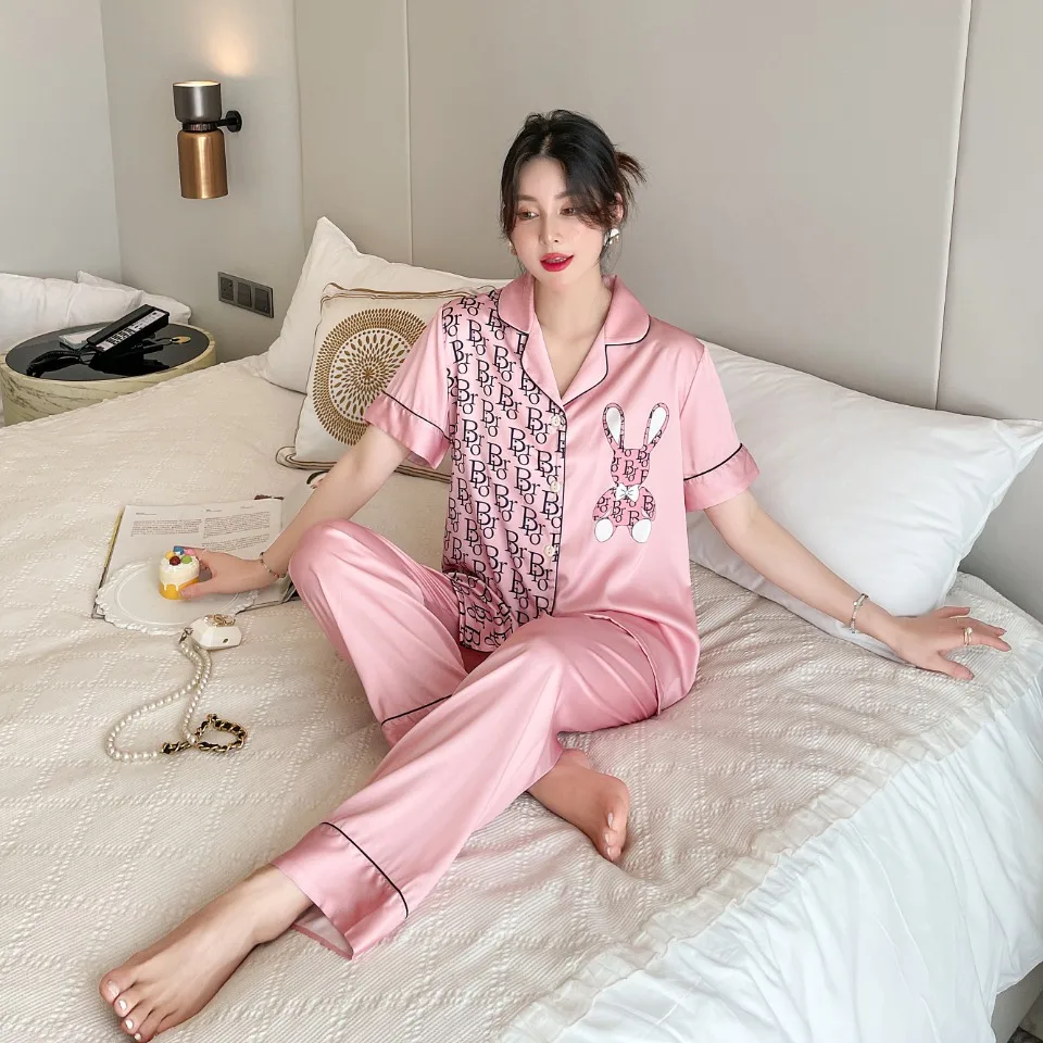 [Women's pajamas] [high-quality]2023 New Ice Silk Pajamas Women's Korean Short Sleeve Long Pants Set Cardigan Ice Silk Home Fur