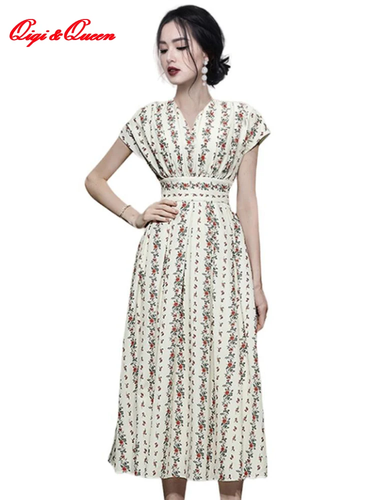 

Qiqi&queen 2023 Summer High Waist V-Neck Print Elegant Vintage Dress Women Midi-Claf Casual Party Office Dresses A-Line Vestidos