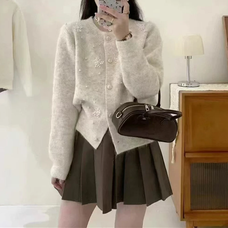 Французский вязаный кардиган со снежинками и бисером женский свитер осенний