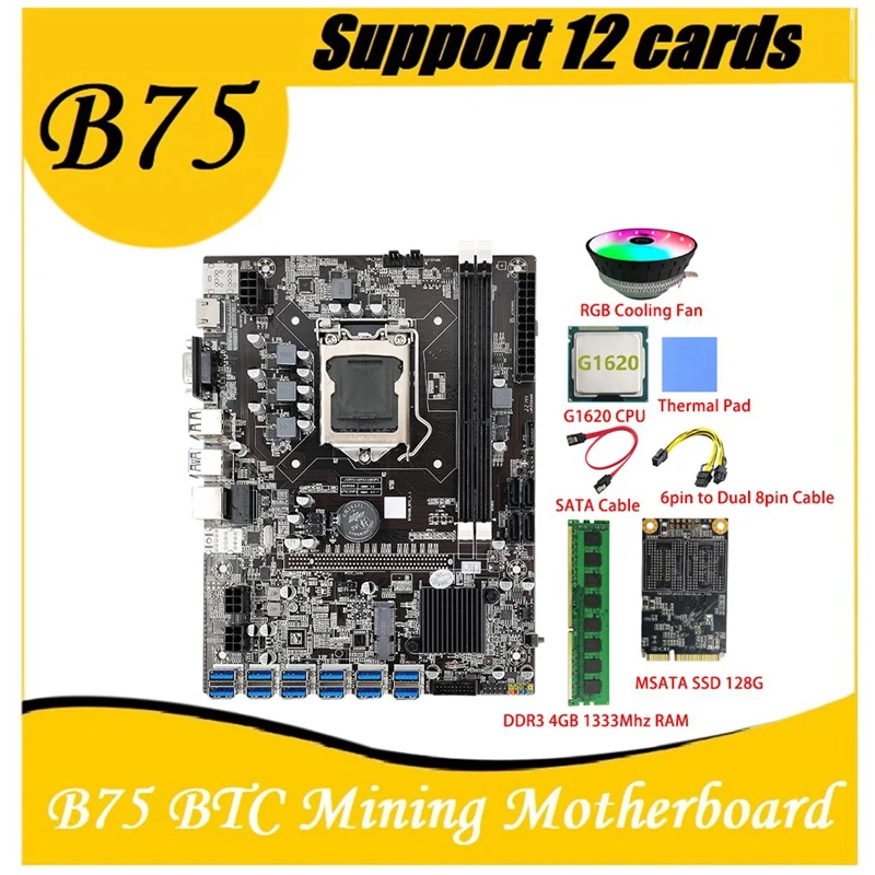B75 BTC Mining Motherboard 12 PCIE To USB LGA1155 MSATA SSD 128G+DDR3 4GB 1333Mhz RAM+G1620 CPU B75 ETH Miner Mining