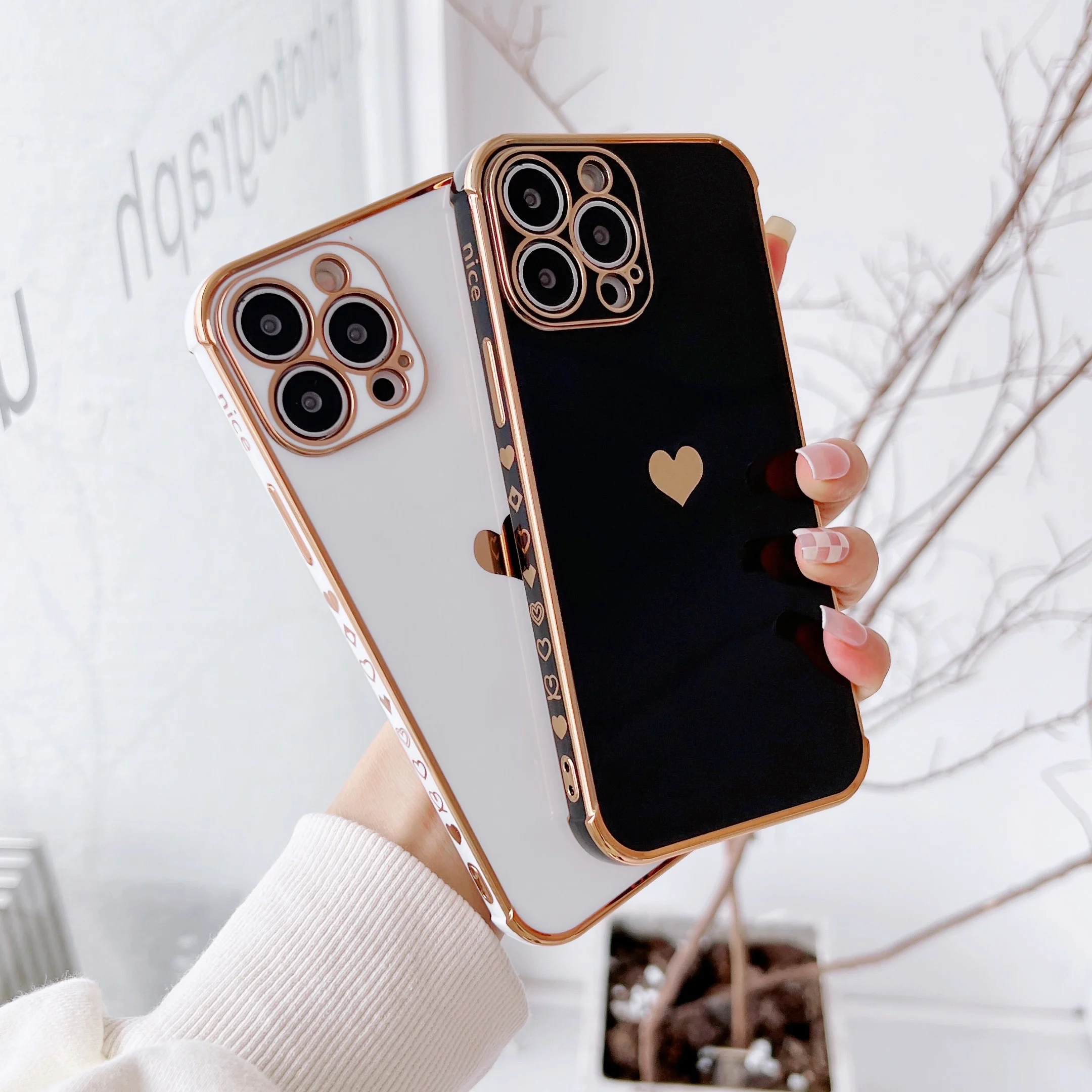 

Electroplated Love Heart Phone Case For iPhone 11 12 13 14 Pro Max Mini X XR XS Max 7 8 14 Plus Camera Protector Soft Cover